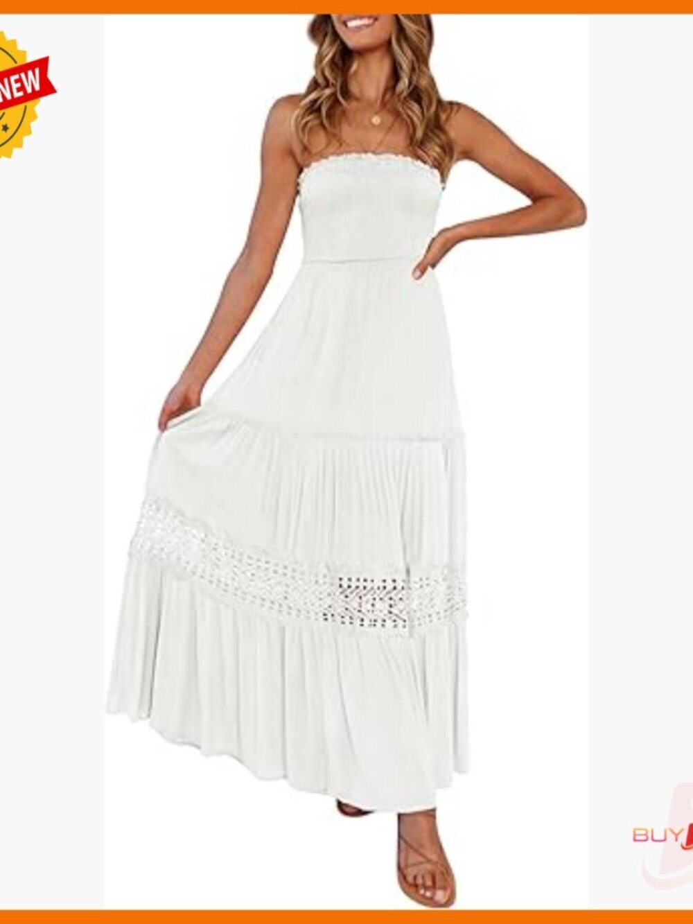 Strapless Maxi Dress with Lace Trim, Flowy A-Line, Beach Vacation Long Sundress